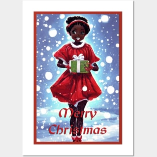 Cute little anime black girl with christmas gift Posters and Art